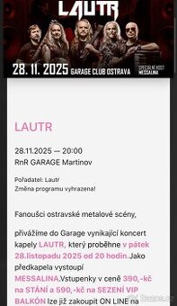 Lautr - vstupenky Ostrava, Garage, pá 28.11.2025