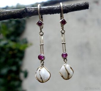 Starožitné secesní zlaté náušnice, perly, rubínky