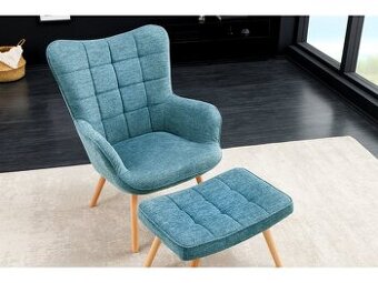 Designové retro křeslo + podnožka  – světle modrá