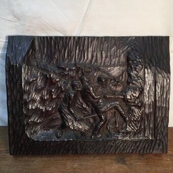 dřevořezba hornický reliéf,  horníci, obraz ze dřeva