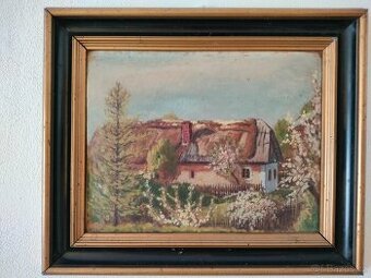 Kvalitní meziválečná olejomalba (1937) – Chaloupka ze Lhotic