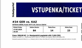 Prodam 2 vstupenky na zapas MS v hokeji Kazachstán Německo