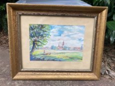 Obraz kostel a vesnice,zlatý rám,rozměr 39x31 cm