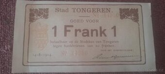 BELGICKÁ NOUZOVÁ BANKOVKA - 1 FRANK TONGEREN VYDÁNÍ 14. 8. 1