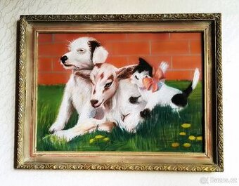 KŮZLE , PEJSEK  A  KOČIČKA    / SK /   pastel