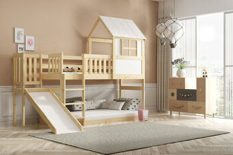 Dětská patrová postel domeček se skluzavkou 200 x 90