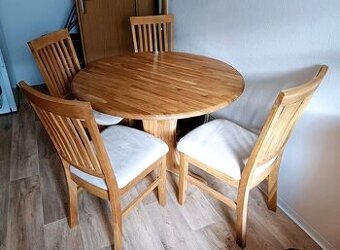 Stůl rozkládací kulatý a 4 židle - celodřevěné
