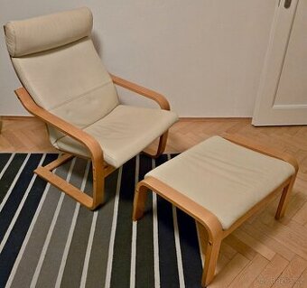 Křeslo s podnožkou bílá kůže