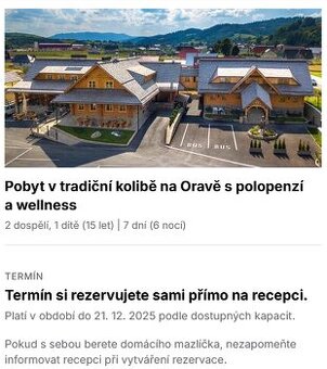 prodej nevyužitého voucheru  ubytování s polopenzí v Kolibě