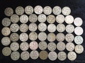 50 kusů 5 korun, vše stříbro 1928 až 1932, mince ČSR
