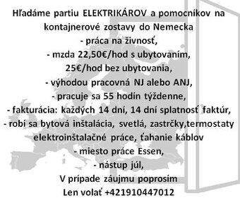 Hľadáme partia ELEKTRIKÁROV a pomocníkov do Nemecka