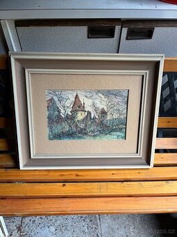 Originální Kresba/Akvarel Hradní Věž Schuster '94