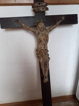 Starožitný  kříž  ,skleněný  obrázek, soška bohyně