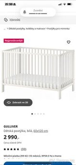Ikea postýlka s matraci GULLIVER bílá, 60x120 cm