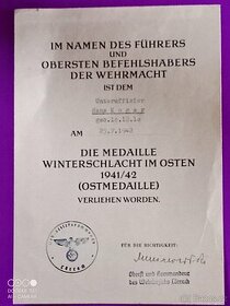 Wehrmacht Dekret Ostmedaille 1941/42 - 1