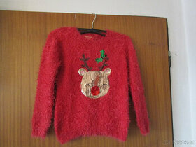 Velmi pěkný tm. červený chlupatý svetřík, vel. 134, Primark