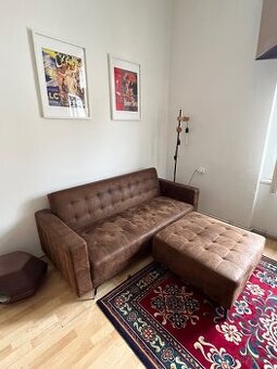 Rozkládací gauč hnědá broušená kůže a taburet