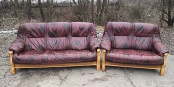 Kožená sedací souprava 3+2 s masivním dřevem TOP STAV