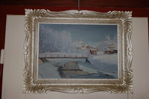 Krásný starý obraz- olej- J. Kincl- vesnice v zimě
