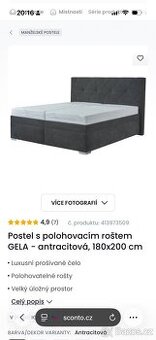 Postel s polohovacím roštem GELA - antracitová, 180x200 cm