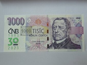 1000 Kč vzor 2008 s přítiskem 30. výročí ČNB a české měny - 1