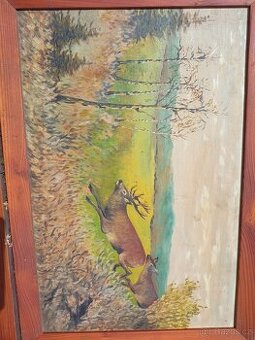 Obraz v dřevěném rámu - srnky u lesa (61,5x41 cm)