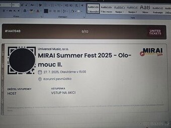 MIRAI Summer Fest 2025 - Olomouc II. - 27.7. - 2 vstupenky