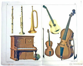 Grafický list 19. st. hudební nástroje historické litografie