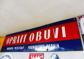 Staré smaltované cedule, reklama Opravy Obuvi.
