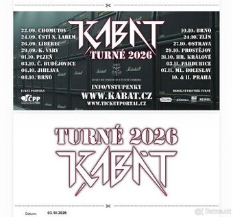 Kabát Budvar aréna 3.10. 2026 2 lístky na stání