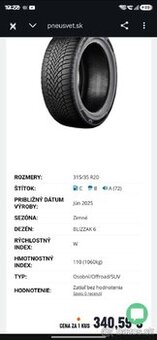 4ks Bridgestone zimné pneumatiky 315/35 r20 x5 x6 dodge