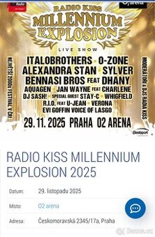 Predám 2 lístky na Radio Kiss Millennium Explosion 2025