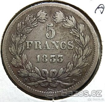 5 Franků 1833 Francie Ag KM #749 velká stříbrná mince 25 g