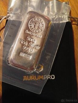 Stříbrný slitek 500 g – Argor-Heraeus, ryzost 999/1000
