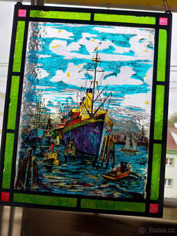 Starší skleněná vitráž do okna, sklo a kov