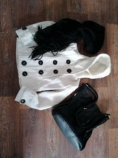 dámský zimní kabát, šála, kabelka - crossbody