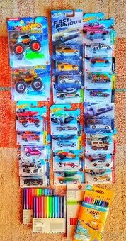 24x hot wheels autíčka, pastelky, fixy
