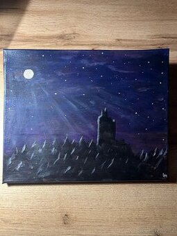 Autorský obraz akryl na plátně, 24x30 cm úplněk u zříceniny