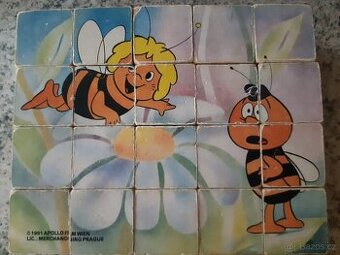 retro dřevěné obrázkové kostky Včelka Mája