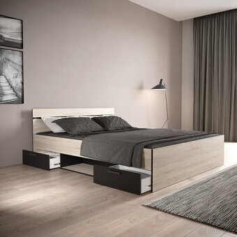 Komplet postel 160x200 zásuvkami, rošty a matrací. Dub/černá