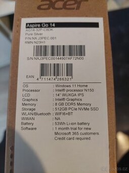 NOVÝ notebook Acer Aspire Go 14 Pure silver