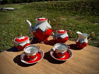 Vintage čajová souprava – Baranivka (SSSR), červeno-bílá se