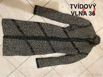 Tvidovy kabat sedo cerny zimni dlouhy damsky 38