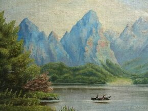 Alpská krajina s jezerem,romantická malba na plátně,půvabná