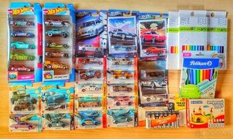 29x hot wheels autíčka, pastelky, temperky, baterky