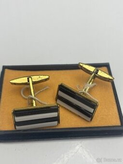 Retro manžetové knoflíky – černobílé pruhy, původní krabička