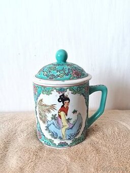 Tyrkysovo-bílý čínský vintage hrnek s pokličkou