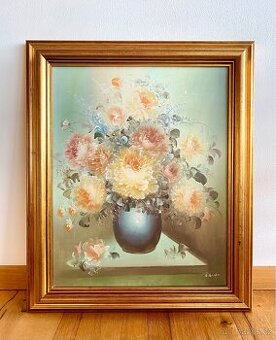 Starý obraz květin, olejomalba na plátně