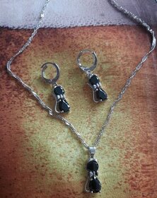 Stříbrná sada šperků náhrdelník náušnice černá kočka 925