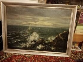 Mořské vlny bijící o skály s racky a loděmi 110 x 80 cm